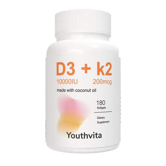 Youthvita 2-in-1 Vitamin D3 K2 Supplement Softgel with Coconut Oil, D3 10000 IU Plus K2 (MK-7) 200 mcg, Supports Calcium Absorption, Bone, Immune, & Heart Health, 180 Count Softgels